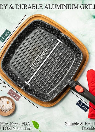 Moss & Stone Square Grill Pan for Indoor Cooking, 11-Inch Nonstick Griddle Skillet with Removable Handle, RV Die-Cast Aluminum Stove Top Grill Pan for Meats & Vegetables, Detachable Handle