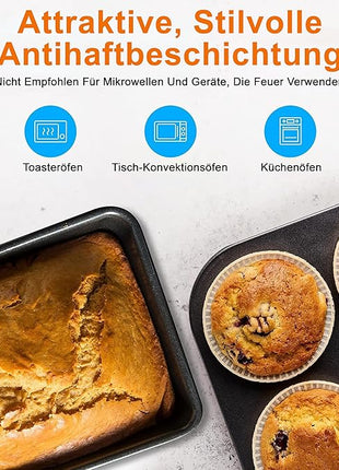 NutriChef 8-Piece Nonstick Stackable Bakeware Set - PFOA, PFOS, PTFE Free Baking Pans Set w/Non-Stick Coating, 450°F Oven Safe, Round Cake, Loaf, Muffin, Wide/Square Pans, Cookie Sheet (Gray)