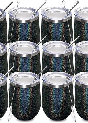 MEWAY 12oz/12 Pack Wine Tumbler Glasses with Lid - Stemless Double Wall Vacuum Stainless Steel Glitter Tumbler - Keeping Cold & Hot Cup for Coffee,Gift for Women(Rainbow Black,Set of 12)