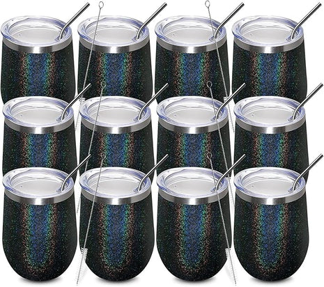 MEWAY 12oz/12 Pack Wine Tumbler Glasses with Lid - Stemless Double Wall Vacuum Stainless Steel Glitter Tumbler - Keeping Cold & Hot Cup for Coffee,Gift for Women(Rainbow Black,Set of 12)
