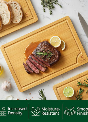ROYAL CRAFT WOOD Wooden Cutting Boards for Kitchen Meal Prep & Serving - Bamboo Wood Serving Board Set with Deep Juice Groove Side Handles - Charcuterie & Chopping Butcher Block for Meat