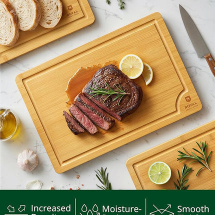 ROYAL CRAFT WOOD Wooden Cutting Boards for Kitchen Meal Prep & Serving - Bamboo Wood Serving Board Set with Deep Juice Groove Side Handles - Charcuterie & Chopping Butcher Block for Meat