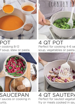 Country Kitchen Non-Stick Cast Aluminum Cookware Set - Durable Kitchen Cookware for Everyday Cooking, Cream, 13 Pc.