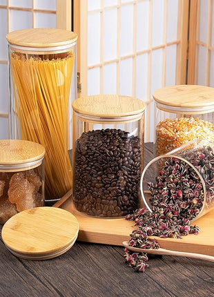 YUNCANG Glass Storage Jars [Set of 5],Clear Glass Food Storage Containers with Airtight Bamboo Lid Stackable Kitchen Canisters for Candy,Cookie,Rice,Sugar,Flour,Pasta,Nuts and Spice Jars