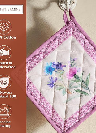 Maison d' Hermine Pot Holders Set 100% Cotton Heat Resistant Potholders 8" x 8" Hot Pads with Loop BBQ, Cooking, Baking, Grilling, Kitchen, Handling Hot Pans Spring/Summer (Pack of 2, Chardon)
