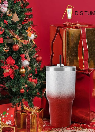 D·S 30 oz Tumbler Christmas Red Glitter Gradient Cup Stainless Steel Double Wall Vacuum Insulated Mug with Straw and Lid, Cleaning Brush for Cold and Hot Beverages