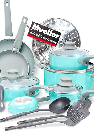Mueller 16-Piece Non-Stick Stone Cookware Set with Steamer and Glass Lids, Turquoise