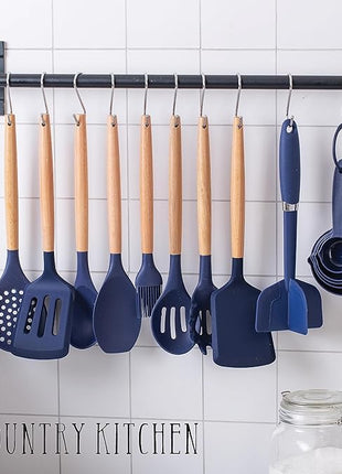 Country Kitchen Non Stick Silicone Utensil Set with Rounded Wood Handles for Cooking and Baking, 38 Piece Set, Navy