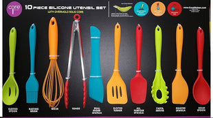 Core Kitchen - 10 Piece Silicone Utensil Set in Assorted Colors with Overmold Solid Core
