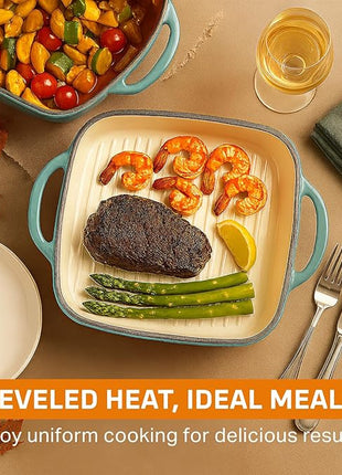 Bruntmor 11" Enameled Cast Iron Cookware - 2-in-1 Square Cast Iron Baking Dish with Lid for Baking, Braising and Roasting - Durable and Nonstick Skillet Dutch Oven with Dual Handles - Caribbean Blue