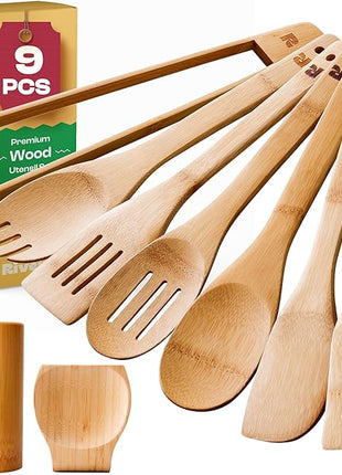 Riveira Bamboo Wooden Spoons for Cooking 9-Piece with Holder, Apartment Essentials Wood Spatula Spoon Nonstick Kitchen Utensil Set Premium Quality Housewarming Gifts for Everyday Use