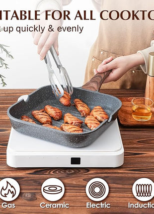 SENSARTE Nonstick Grill Pan for Stove Tops, Versatile Griddle with Pour Spouts, Square Big Cooking Surface, Durable Skillet Indoor & Outdoor Grilling. PFOA Free,12Inch