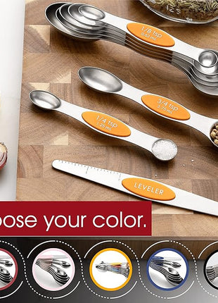 Spring Chef Stainless Steel Magnetic Measuring Spoons Set of 8 with Leveler, Dual Sided Metal Teaspoon & Tablespoon Measuring Spoons, Kitchen Gadgets for Baking & Cooking, Fits in Spice Jars - Mango