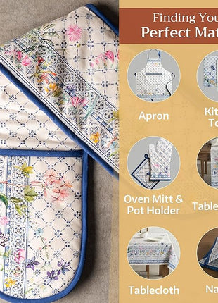 Maison d' Hermine Double Oven Mitts 100% Cotton 7"x35" Double Oven Mitt Heat Resistant BBQ Cooking Gloves with Loop, Baking, Grilling, Home, Kitchen, Handling Hot Pans Spring Summer (Faience)