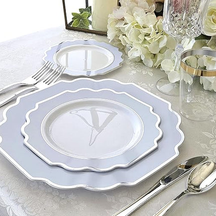 " OCCASIONS " 120 Plates Pack,(60 Guests) Heavyweight Premium Wedding Party Disposable Plastic Plates Set -60 x 10.5'' Dinner + 60 x 8'' Salad/Dessert (Imperial in White/Blue & Silver)