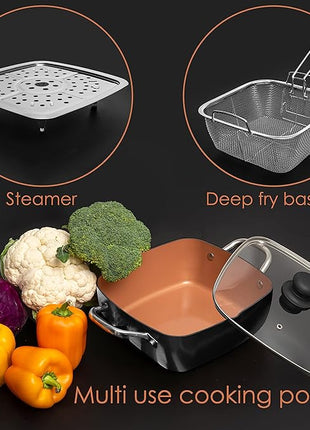 Moss & Stone 5 Pcs Black Copper Chef Cookware Non Stick Deep Frying Pan, Fry Basket, Steamer Rack, Dishwasher & Oven Safe, 5 Qt Deep Square Pan, Induction Copper Cookware Set - 9.5" x 3.5"