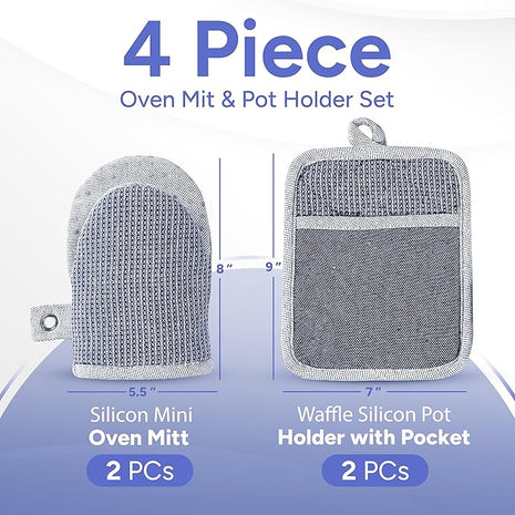 Casa Platino Silicone Oven Mitts & Potholders, 4-Piece – Pot Holders and Oven Mitts for BBQ & Baking, Oven Mitt for Kitchen & Microwave – Heat Resistant Up to 500°F, Durable & Flexible – Indigo