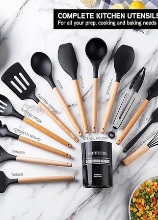 Country Kitchen Non Stick Silicone Utensil Set with Rounded Wood Handles for Cooking and Baking, 14 Piece Set, Black