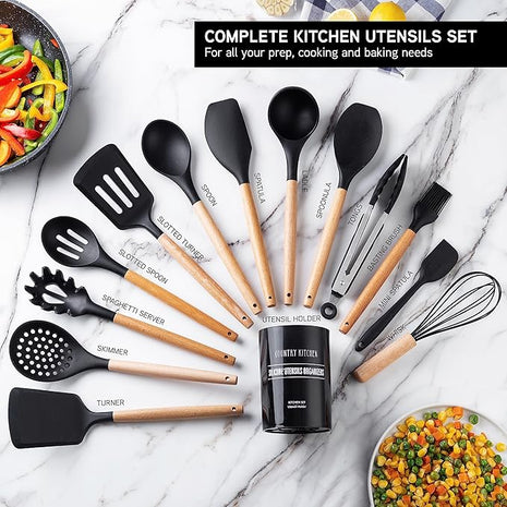Country Kitchen Non Stick Silicone Utensil Set with Rounded Wood Handles for Cooking and Baking, 14 Piece Set, Black