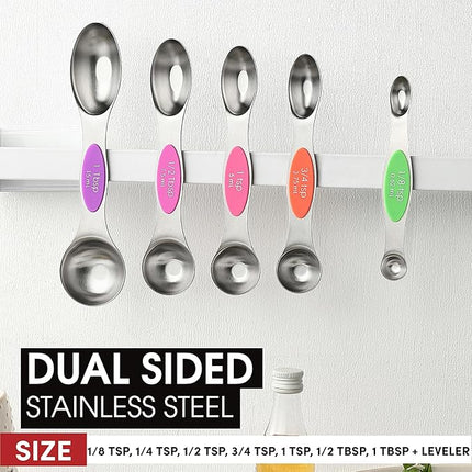 Spring Chef Stainless Steel Magnetic Measuring Spoons Set of 8 with Leveler, Nesting Metal Teaspoon & Tablespoon Measuring Spoons, Kitchen Gadgets for Baking & Cooking, Fits in Most Spice Jars - Neon