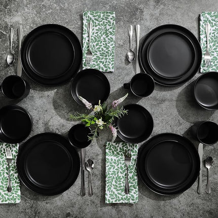 Gibson Home Zuma Stoneware Plates, Bowls, & Mugs Dinnerware Set - Matte Black, Service for Four (16pcs)