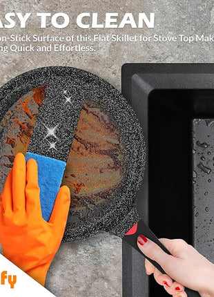 Non Stick 11 Inch Granite Coated Crepe Pan - Lightweight 4.27 Quart Dosa Pan with Comfort Stay Cool Grip Handle - Induction Compatible PFOA Free Tortilla Cookware (Black)