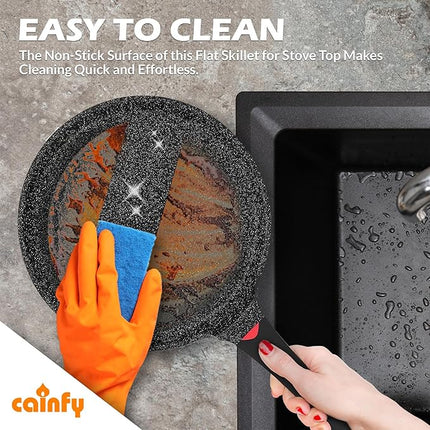 Non Stick 11 Inch Granite Coated Crepe Pan - Lightweight 4.27 Quart Dosa Pan with Comfort Stay Cool Grip Handle - Induction Compatible PFOA Free Tortilla Cookware (Black)