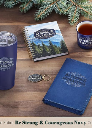 Christian Art Gifts Inspirational Ceramic Coffee & Tea Scripture Mug for Men & Women: Strong & Courageous Bible Verse, Microwave & Dishwasher Safe Non-toxic Beverage Cup, Dark Navy Blue/White, 13 oz.