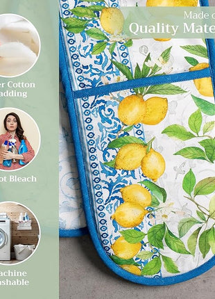 Maison d' Hermine Double Oven Mitts 100% Cotton 7"x35" Double Oven Mitt Heat Resistant BBQ Cooking Gloves with Loop, Baking, Grilling, Home, Kitchen, Handling Hot Pans Spring Summer (Cedrat)