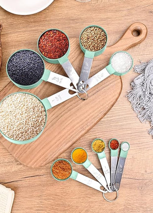 Measuring Cups and Spoons Set, Stackable Cups and Spoons, 10 Pieces Nesting Measure Cups with Stainless Steel Handle, Kitchen Gadgets for Cooking & Baking, Lake Green