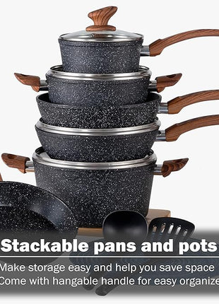 Kitchen Academy Induction Cookware Sets - 12 Piece Cooking Pan Set, Granite Black Nonstick Pots and Pans Set