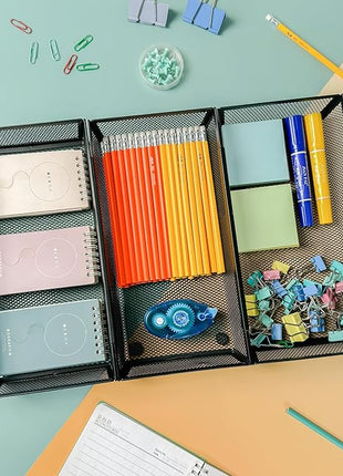 ihomecooker Mesh Tray Silverware Drawer Organizer, Utensil Cutlery Tray Office Supplies with Interlocking Arm Drawer Dividers Organizer for Flatware, Knives,Home,Office, School,Bedroom 12X6'' Black