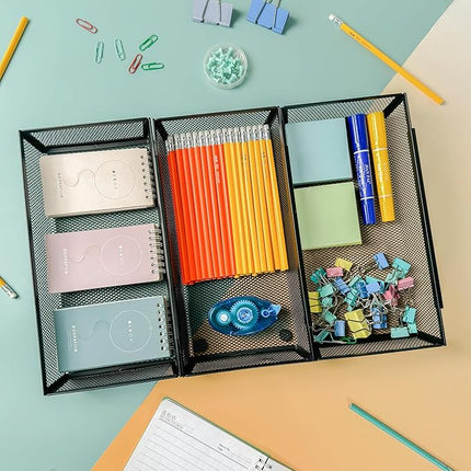 ihomecooker Mesh Tray Silverware Drawer Organizer, Utensil Cutlery Tray Office Supplies with Interlocking Arm Drawer Dividers Organizer for Flatware, Knives,Home,Office, School,Bedroom 12X6'' Black