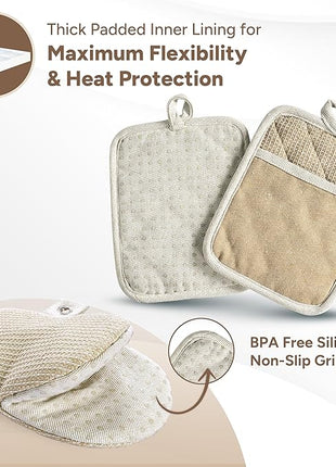 Casa Platino Mini Oven Mitts & Silicone Pot Holders, 4-Piece – Heat Resistant Gloves for Cooking & BBQ, Hot Pads for Kitchen – Withstands Up to 500°F, Non-Slip & Machine Washable – Beige