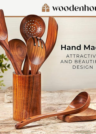 Wooden Utensil Set 8 Pcs – Sturdy & Easy to Clean, Natural Teak Wooden Spoons for Cooking – Non-Scratch Cooking Utensils with Spatula, Turner, Ladle, Spoons, Holder, Spoon Rest, 6 Hooks Kitchen Gifts