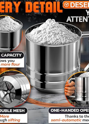 5 Cup Flour Sifter for Baking – Large Capacity Flour Sifter Stainless Steel with Double Mesh, Easy One-Hand Use & Dishwasher Safe – Baking Tools for Sifting Powdered Sugar, Cocoa & Christmas Cookies