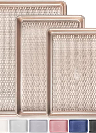 HONGBAKE Baking Sheet Pan Set of 3, Cookie Sheets for Oven, Nonstick Half/Quarter/Jelly Roll Pans with Diamond Texture Pattern, 0.8mm Thick Heavy Duty Cookie Tray, Champagne Gold