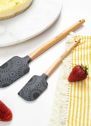 Silicone Spatula set of 2 with wooden handle and stunning pattern (Black)
