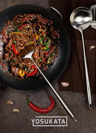 Yosukata 17" Wok Spatula and Ladle and Turner Spatula - Stainless Steel Cooking Utensils Set of 3-304 Stainless Steel Kitchen Utensils Set - Dishwasher Safe Wok Accessories - Cooking Tools