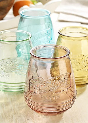 Wine Glasses Set Of 4 Assorted Colored Stemless Glasses 21 OZ. Original Mason Large Wine Cup, Red and White Wine Drinking Water Glasses. Juice, Cocktails, Smoothies, Vintage Bar