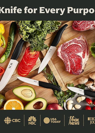Vos Ceramic Knife Set with Block, Ceramic Knives Set For Kitchen, Ultra Sharp Kitchen Knife Set with Covers, 3" 4" 5" 6" Chef Knife, Utility, Paring & Versatile, Lightweight, Dishwasher safe (Black)