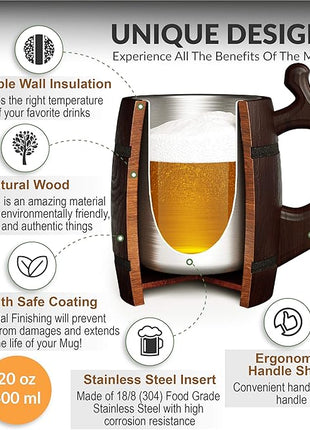MFC Beer Mug 20 OZ - Tankard Mug - Beer stein - Wooden beer mug - Stainless Steel Cup - Handmade Gifts for Men - Fathers Day, Christmas or Birthday Gift Idea - Men Mug - Barrel Brown