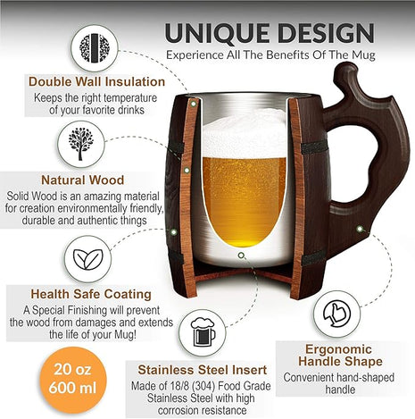 MFC Beer Mug 20 OZ - Tankard Mug - Beer stein - Wooden beer mug - Stainless Steel Cup - Handmade Gifts for Men - Fathers Day, Christmas or Birthday Gift Idea - Men Mug - Barrel Brown