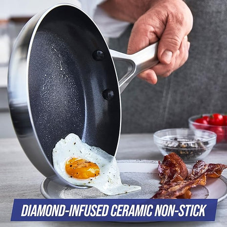 Blue Diamond Tri-Ply Stainless Steel 9.5” & 11" Frying Pan Skillet Set, Healthy Ceramic Nonstick, PFAS-Free, Multi Clad, Induction, Dishwasher & Oven Safe, Versatile Kitchen Essential