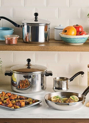 Farberware Classic Series Stainless Steel Pots and Pans with Baking Sheet Pan, Cooking Tools, and Lids, Induction Ready, Dishwasher Safe, 10 Piece Cookware Set, Metal Utensil Safe - Stainless Steel