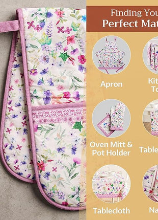 Maison d' Hermine Double Oven Mitts 100% Cotton 7"x35" Double Oven Mitt Heat Resistant BBQ Cooking Gloves with Loop, Baking, Grilling, Home, Kitchen, Handling Hot Pans Spring Summer (Chardon)