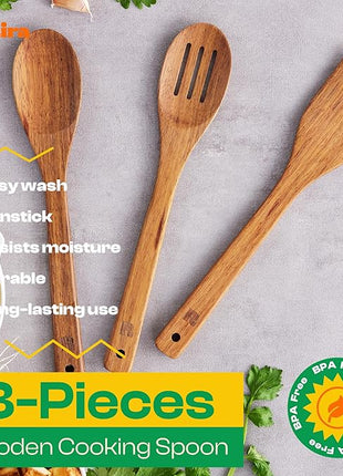 Riveira Teak Wooden Cooking Utensils Set of 3 Natural Teak Wooden Spoons & Spatula, Non-Toxic, Heat-Resistant, Scratch-Free for Non-Stick Cookware