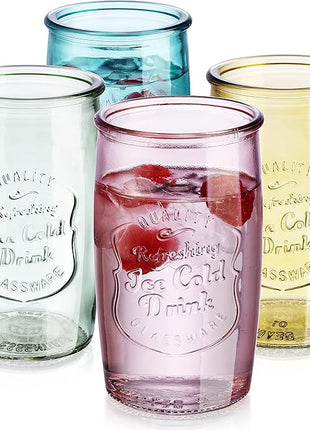 Glaver's Colored Glassware, Ice Cold Drinking Glasses Set of 4 – 18 Oz Vintage Glass Cups for Kitchen, Dining Table – Multi- Colors Glass Tumblers. Hand Wash.
