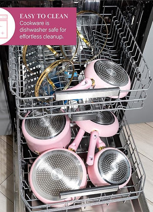 Paris Hilton Epic Nonstick Pots and Pans Set, Multi-layer Nonstick Coating, Tempered Glass Lids, Soft Touch, Stay Cool Handles, Made without PFOA, Dishwasher Safe Cookware Set, 12-Piece, Pink
