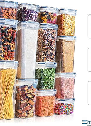 14 PCS Airtight Food Storage Containers with Lids set, BPA Free Leak-proof Kitchen and Pantry Organization Canisters for Cereal, Pasta, Dry Food, Flour Sugar, Stackable, Free Label, Marker, Scoop